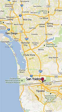 map showing San Ysidro in proximity to Mexican Border and San Diego, CA